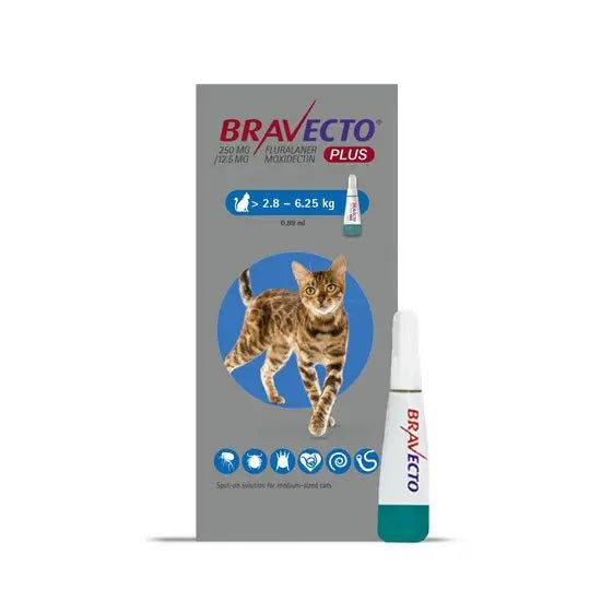 BRAVECTO® PLUS Spot-On Solution for Medium Cats 250mg (2.8kg-6.25kg)